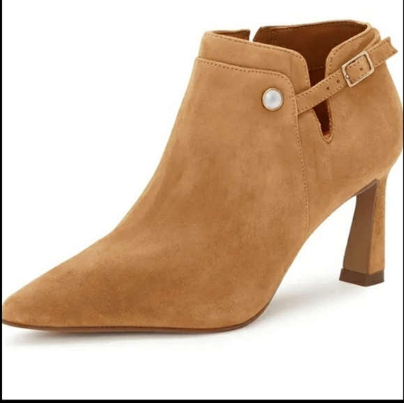 Coutgo Pointed Toe Pearl  Buckle Stiletto Faux Suede Booties Rust Tan Size 8.5 - Picture 3 of 11